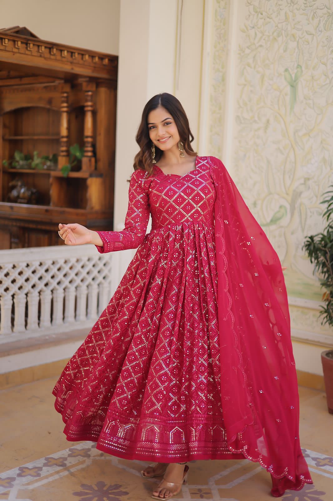 Radiant pink floral gown with dupatta set