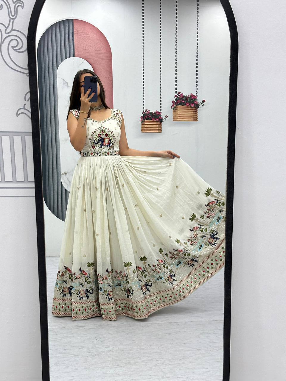 Off-white chinon embroidered designer gown with dupatta