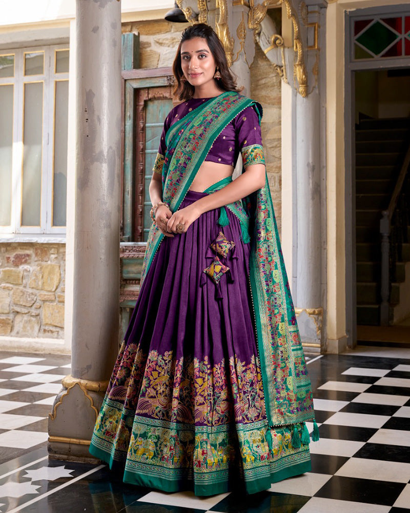Purple silk half saree lehenga with printed design and Foli work