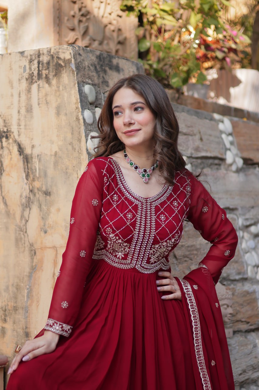 Chamvika Maroon Embroidered Gown Set with Dupatta – long gown for women, party wear gown for wedding, Indian gown for women, maroon gown for engagement, full sleeve ethnic gown, designer gown with dupatta, sequin gown for festival, traditional wear for women, Indo western gown online, stylish Indian dress for sangeet function, ready-to-wear ethnic gown for women.