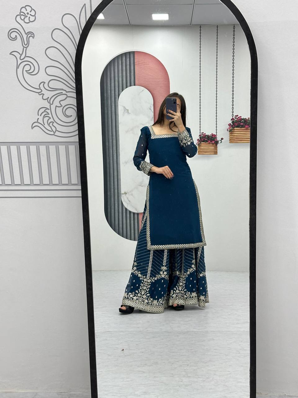 Aroa blue fox georgette kurti palazzo set with embroidery sequence work
