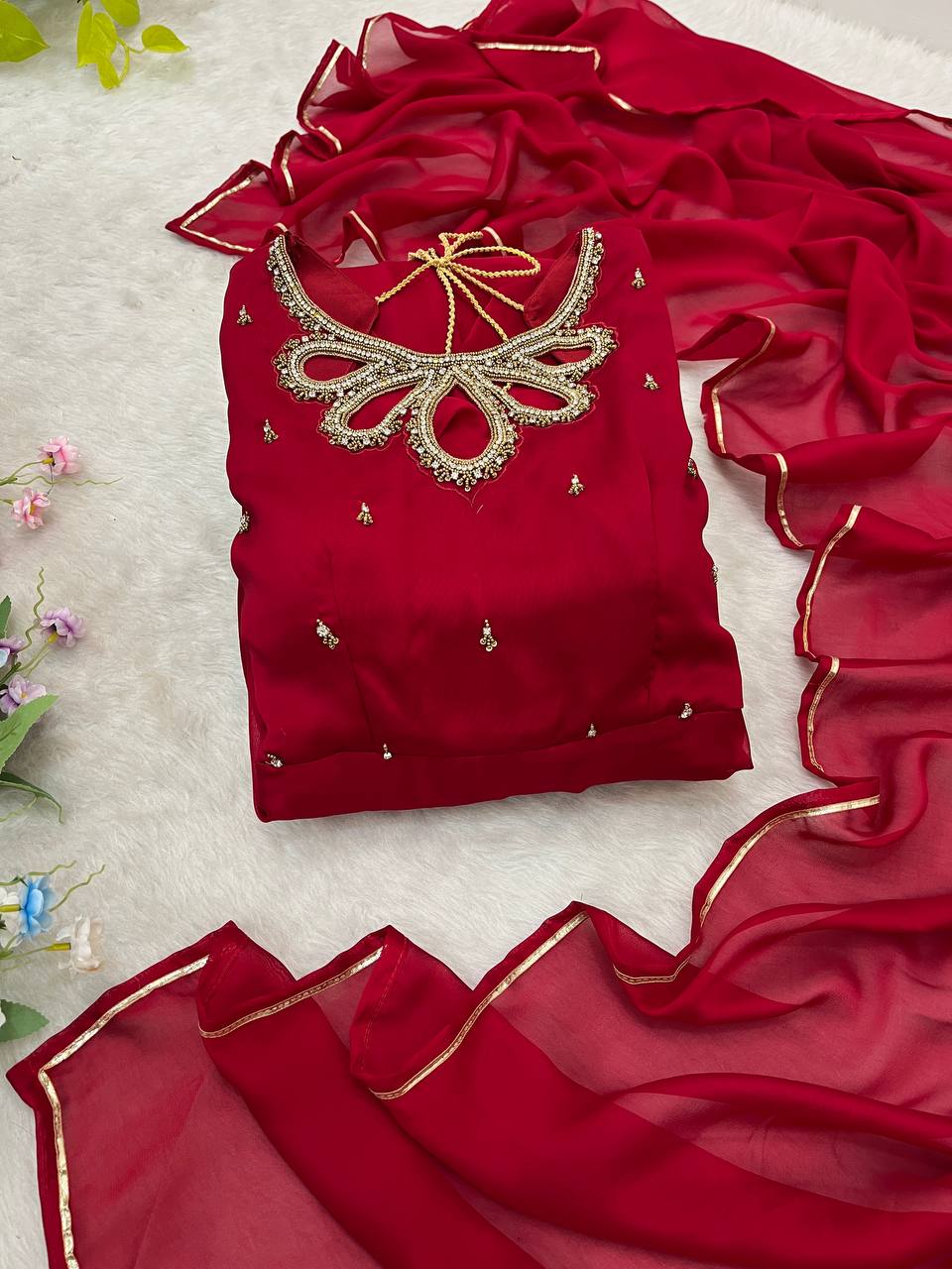 Samiksha red georgette embroidered Anarkali gown set