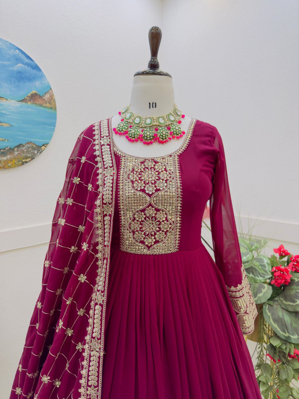 Brindha maroon georgette anarkali gown set