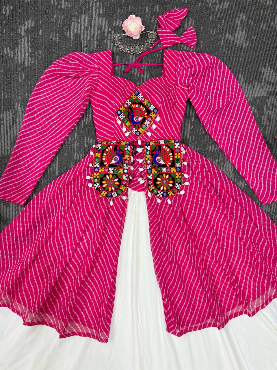 Pink georgette top with digital print and thread work butter silk Gota Patti lehenga