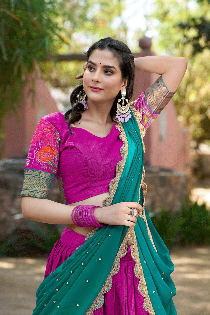 Pink cotton silk embroidered lehenga choli set with dupatta