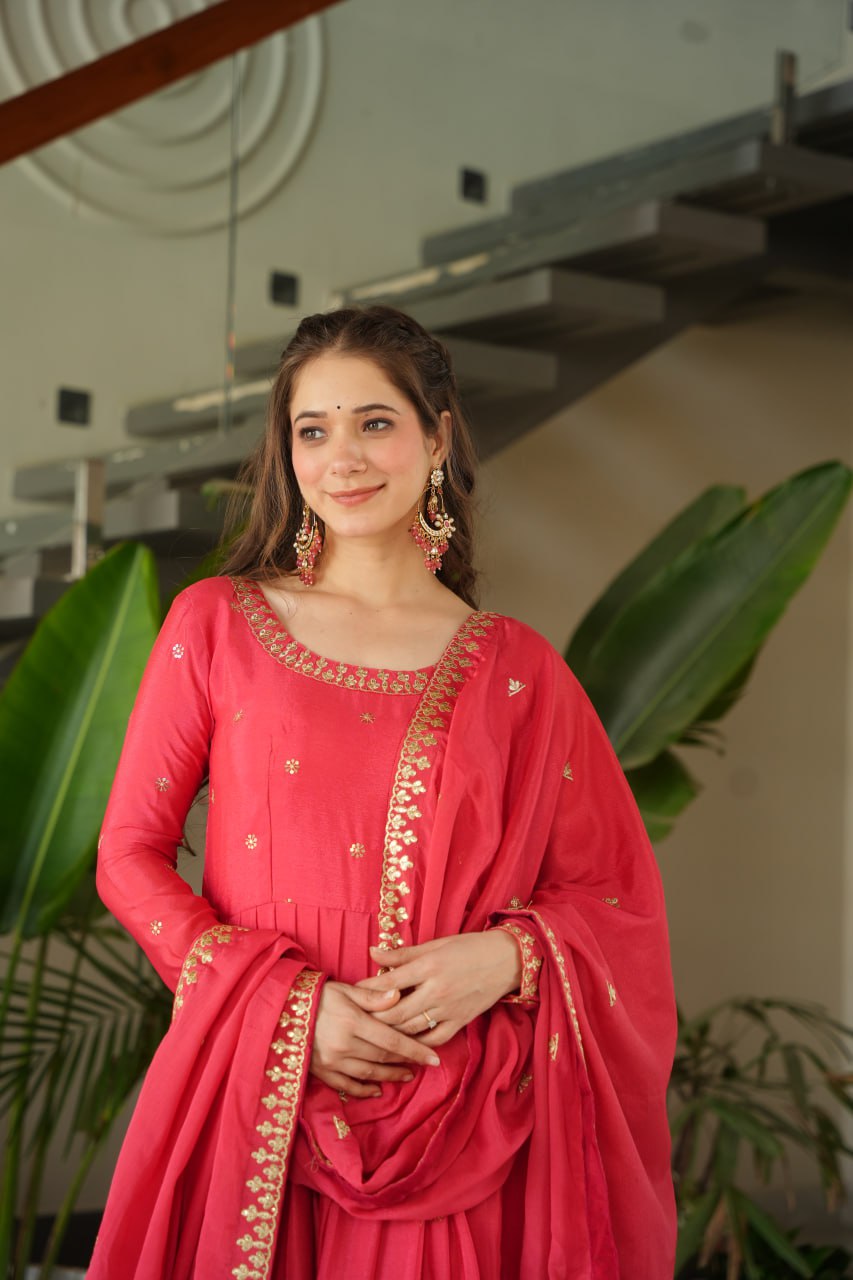Harvisha rani pink chinon silk embroidered gown