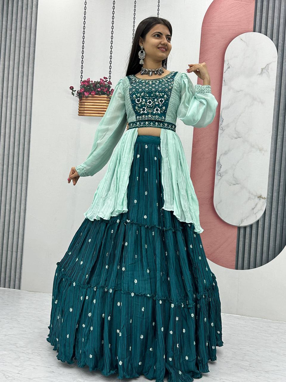 Malti teal green chinon embroidered crop top lehenga with nazmin dupatta and belt