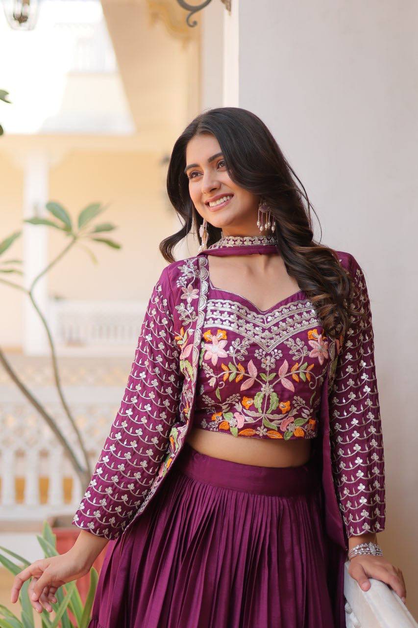 Maanvi purple festive wear embroidered lehenga choli with koti
