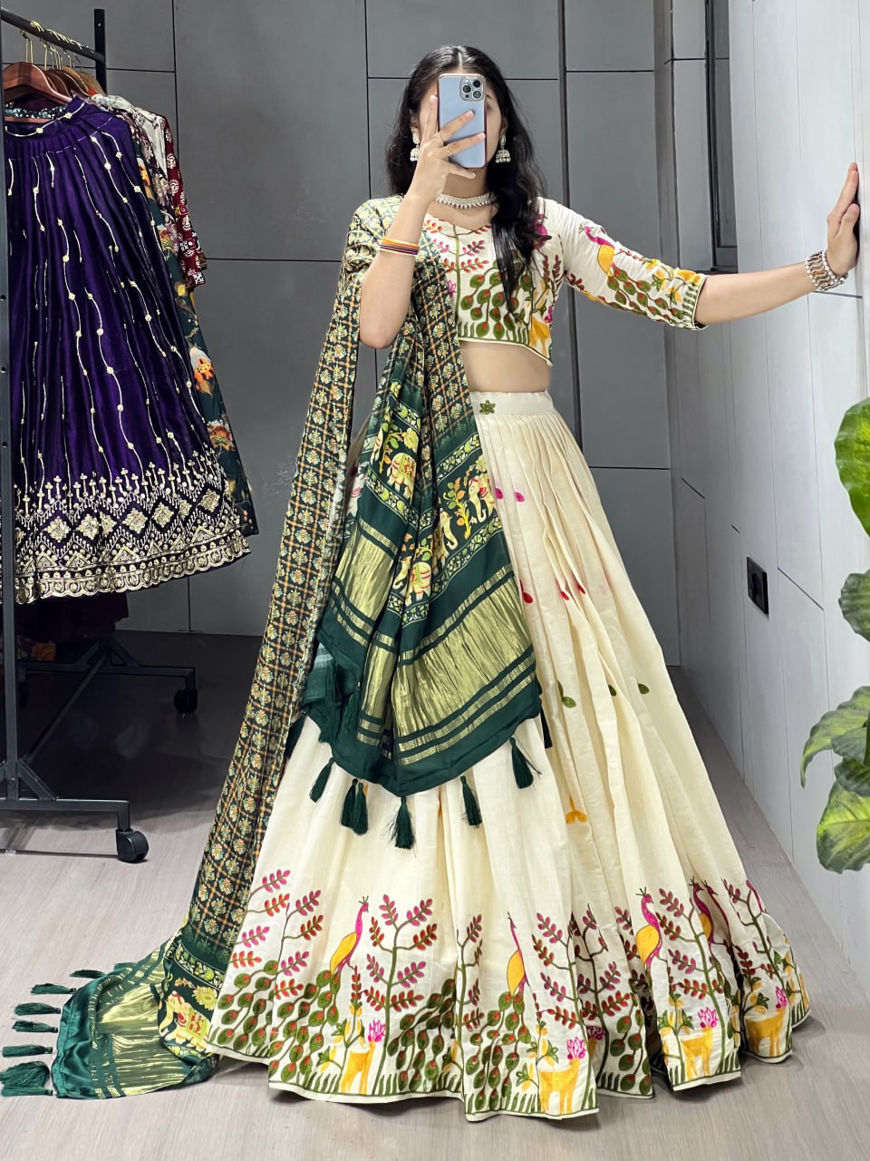 Off-white cotton embroidered lehenga with green Gaji silk dupatta