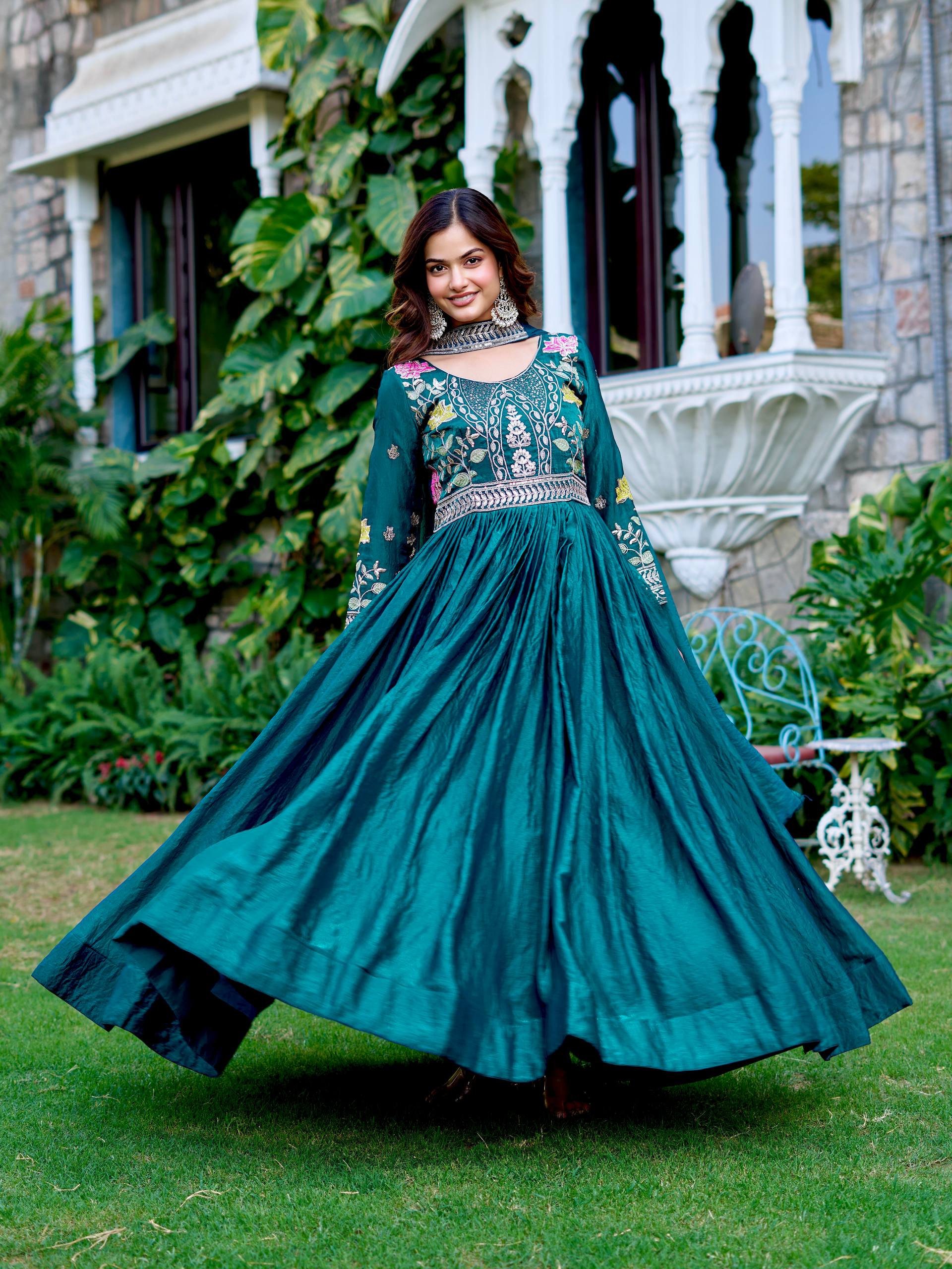 Dipa teal blue Fendy silk gown with embroidery sequins thread work and dupatta