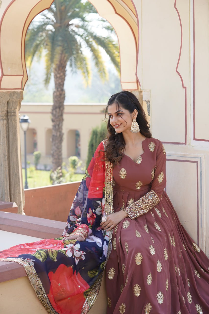 Padmini georgette brown embroidery anarkali gown set