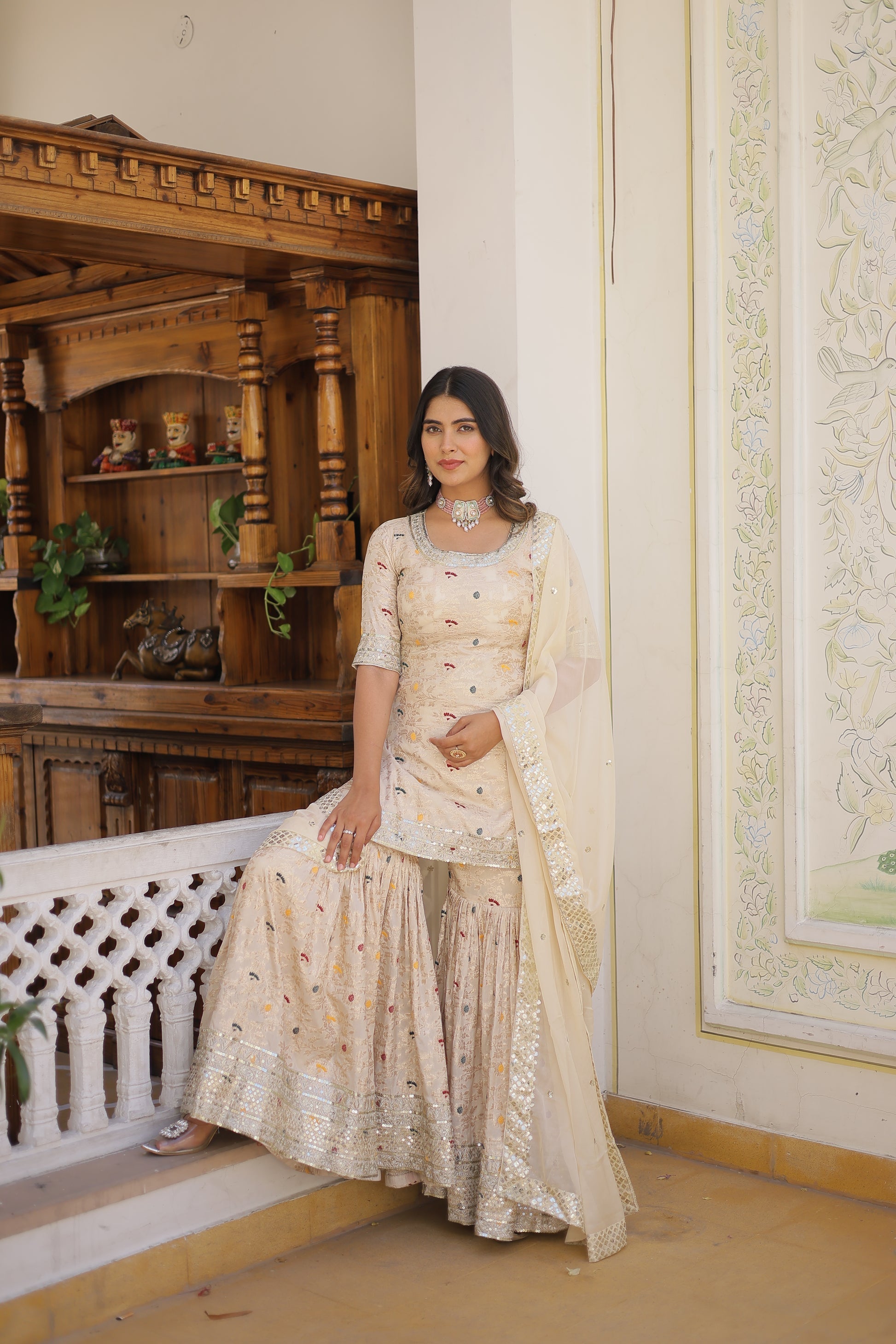 Krishnapriya off white viscose embroidered kurti gharara set