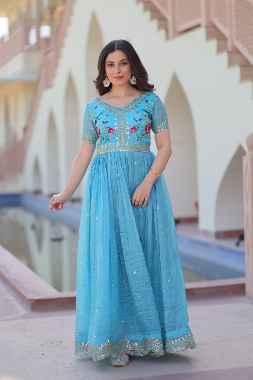 Sky blue gold crush zari sequins work embroidered gown