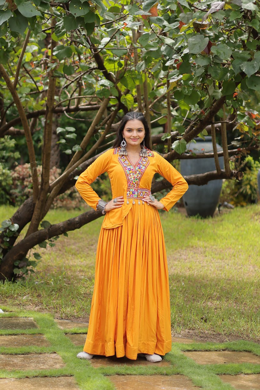 Yellow rayon Kutchi Gamthi embroidered Misty Navratri gown