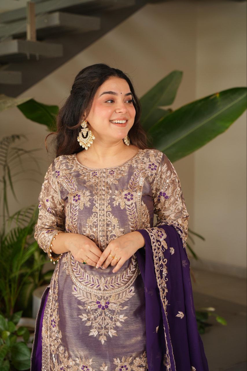 Purple crazy silk embroidered kurti palazzo set with dupatta