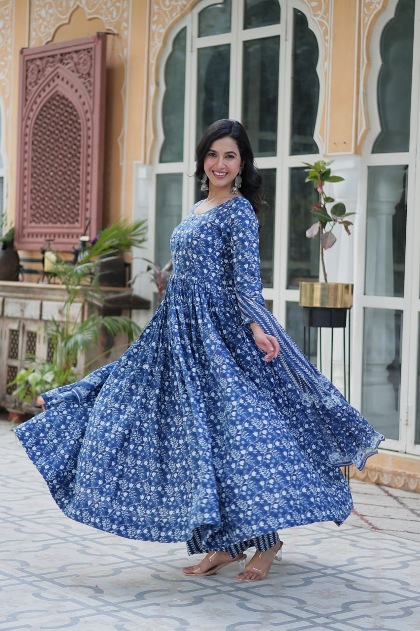 Mahi blue pure cotton anarkali set with dupatta
