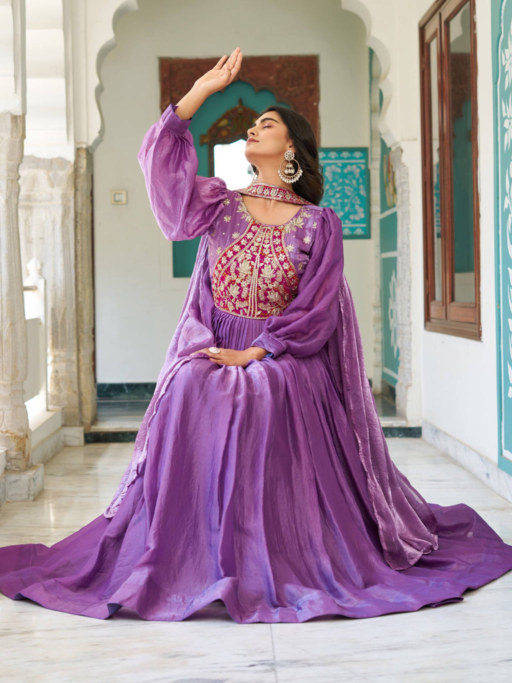Ritu purple Fendy silk gown with sequins thread embroidery and dupatta