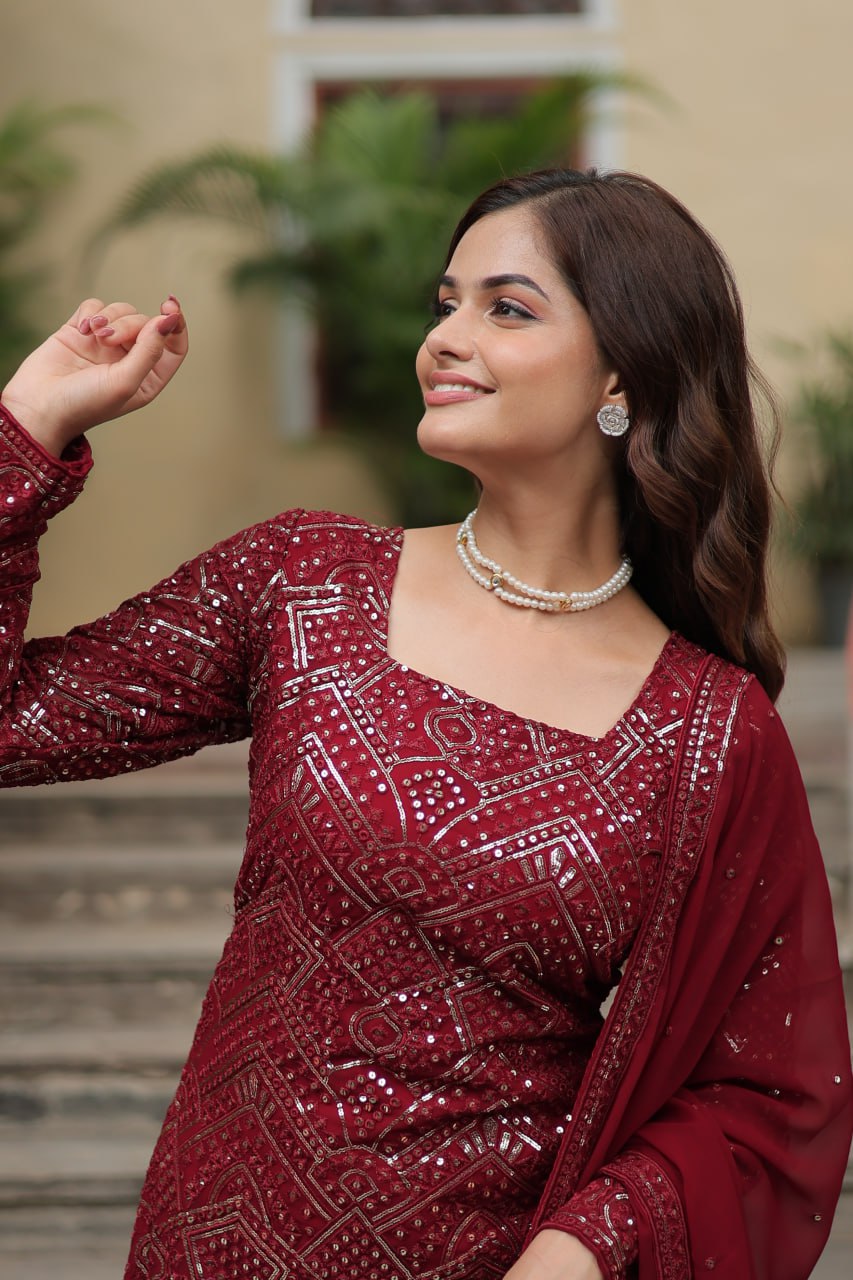 Maroon georgette embroidered Lavya designer sharara suit