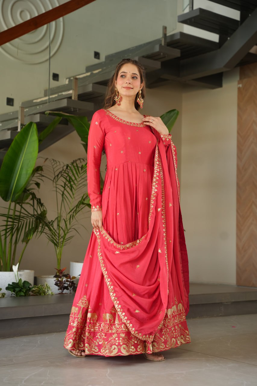 Harvisha rani pink chinon silk embroidered gown