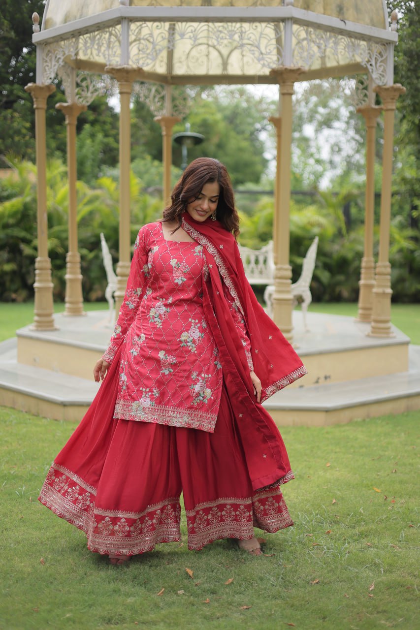 Medhasvi pink chinon embroidered kurti sharara set