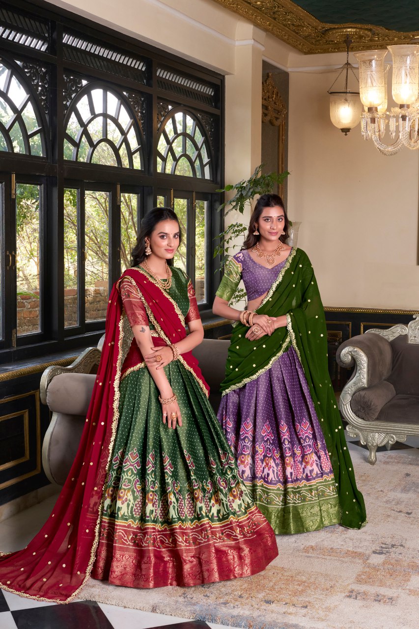 Purple Kanchipuram silk printed lehenga choli with embroidered dupatta