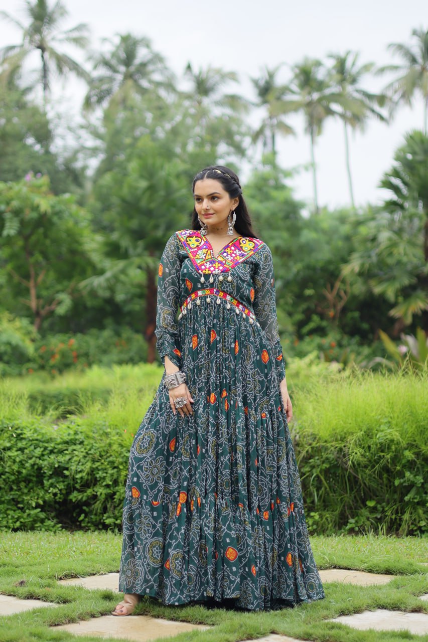 Dhruvi green georgette bandhani printed Navratri gown
