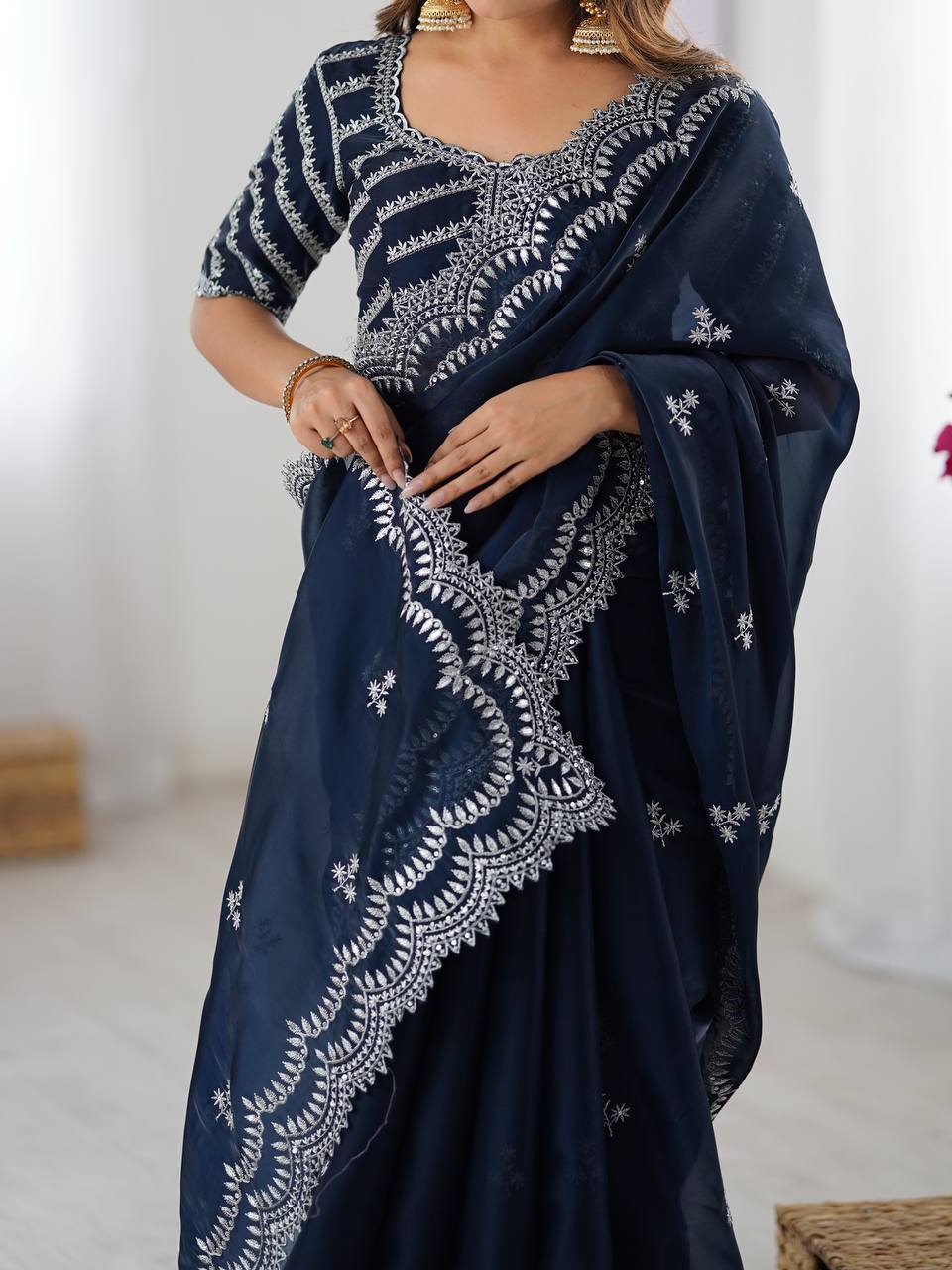 Vikatya blue Jimmy Choo fabric saree with thread & sequin embroidery, matching blouse—perfect for weddings, parties & festive occasions.
