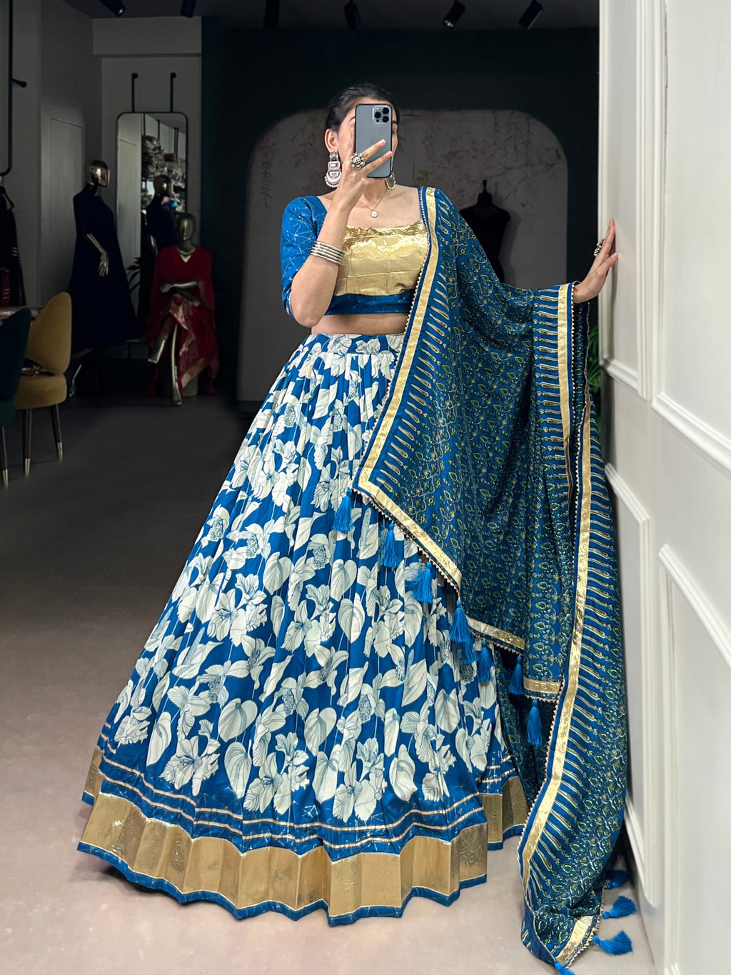 Blue Tasar silk foil print embossed lace work lehenga choli with dupatta