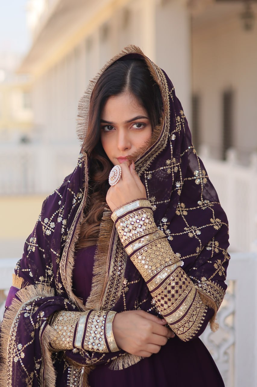 Lavish Purple Sequins Embroidered Anarkali Flared Kurti Set