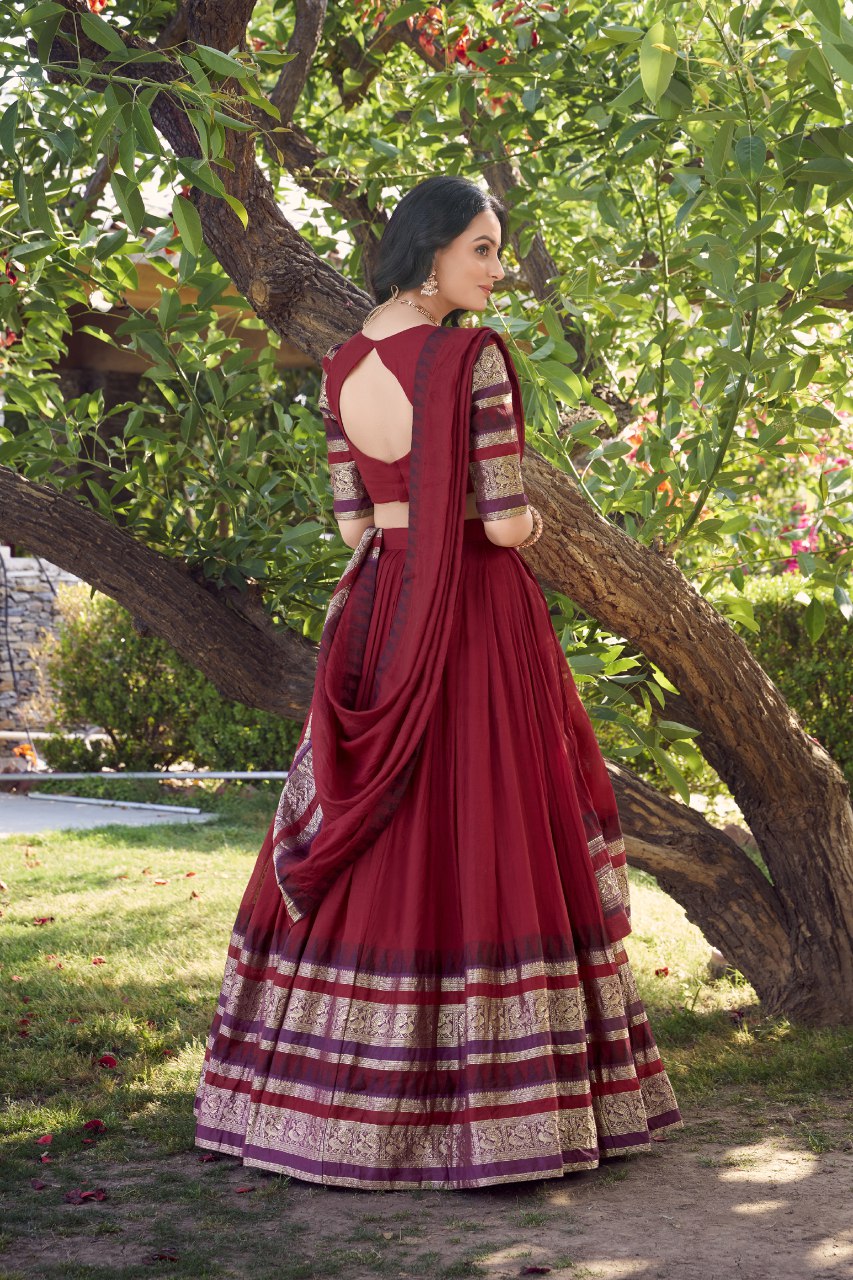 Maroon pure chanderi lehenga choli with zari weaving work and dupatta