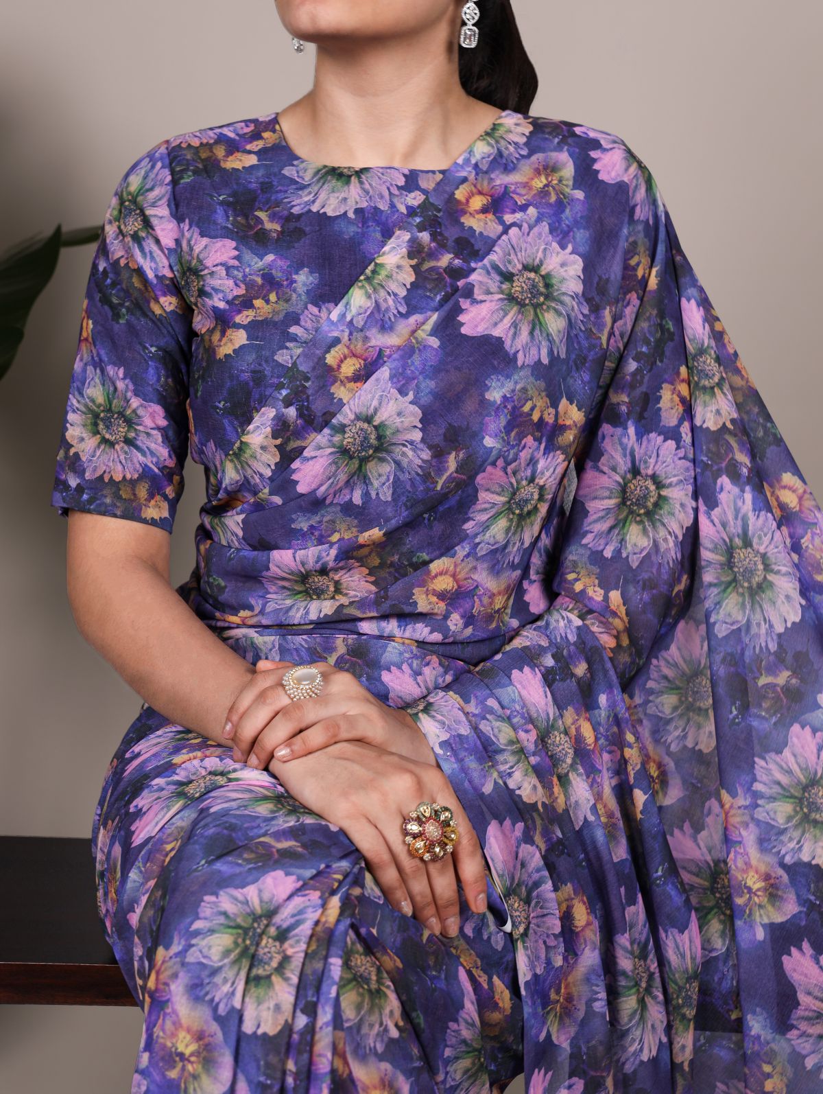 Purple weightless marble floral print saree with unstitched blouse