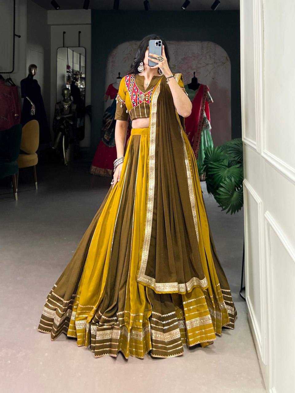 Mustard yellow pure rayon mirror Gamthi work lehenga choli