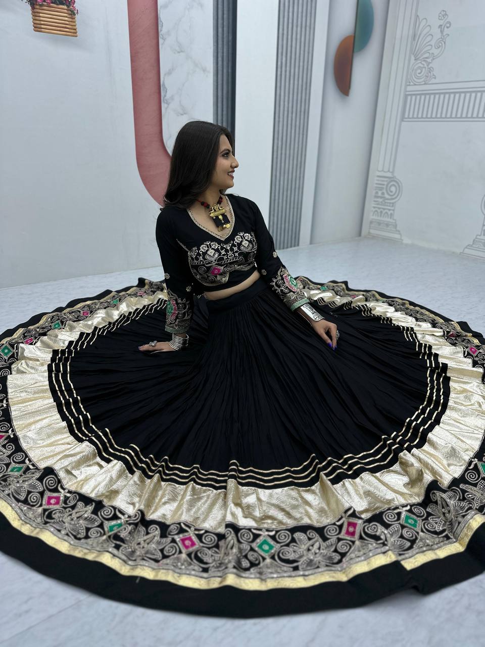 Black pure cotton embroidered sequins work lehenga choli