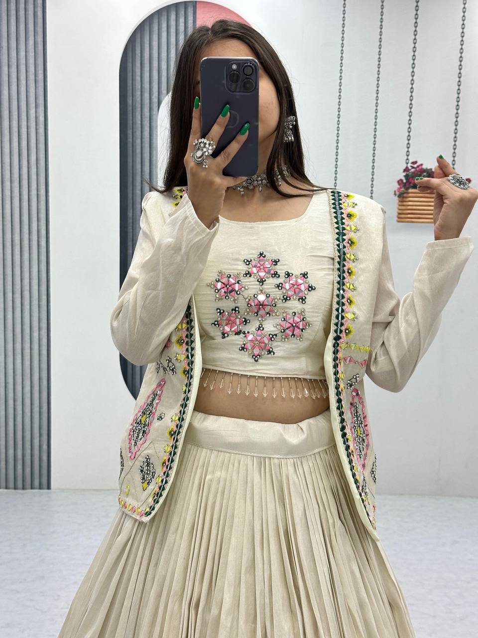 Off white tissue shimmer lehenga choli with handwork real diamond work and jacket