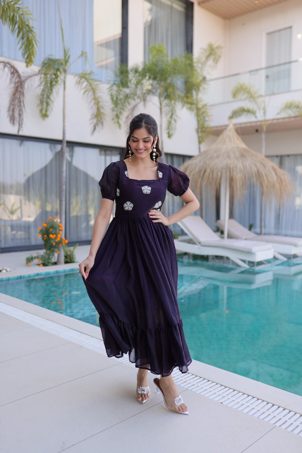 Sruvika purple Fendi silk gown with beads embroidered work