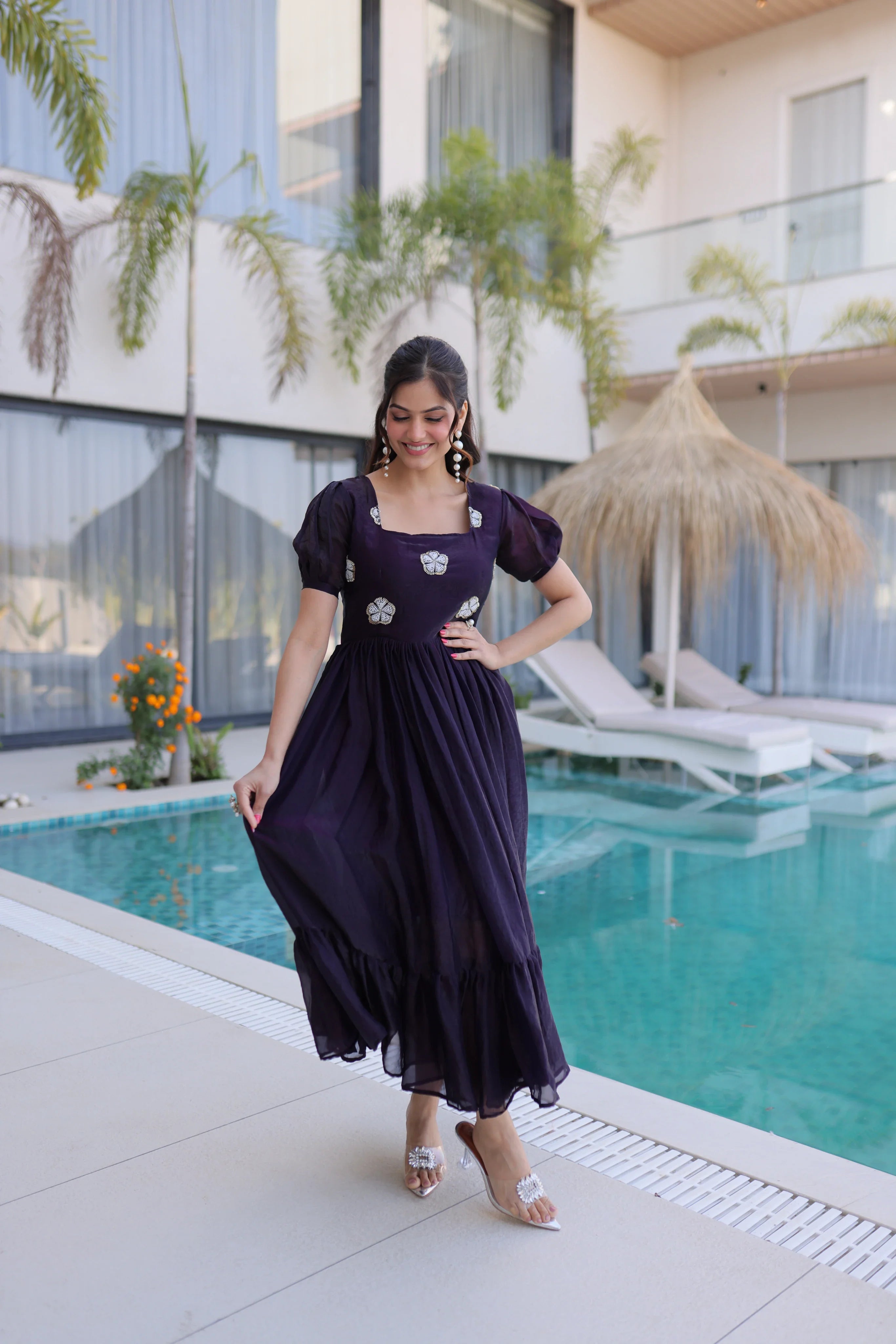 Sruvika purple Fendi silk gown with beads embroidered work