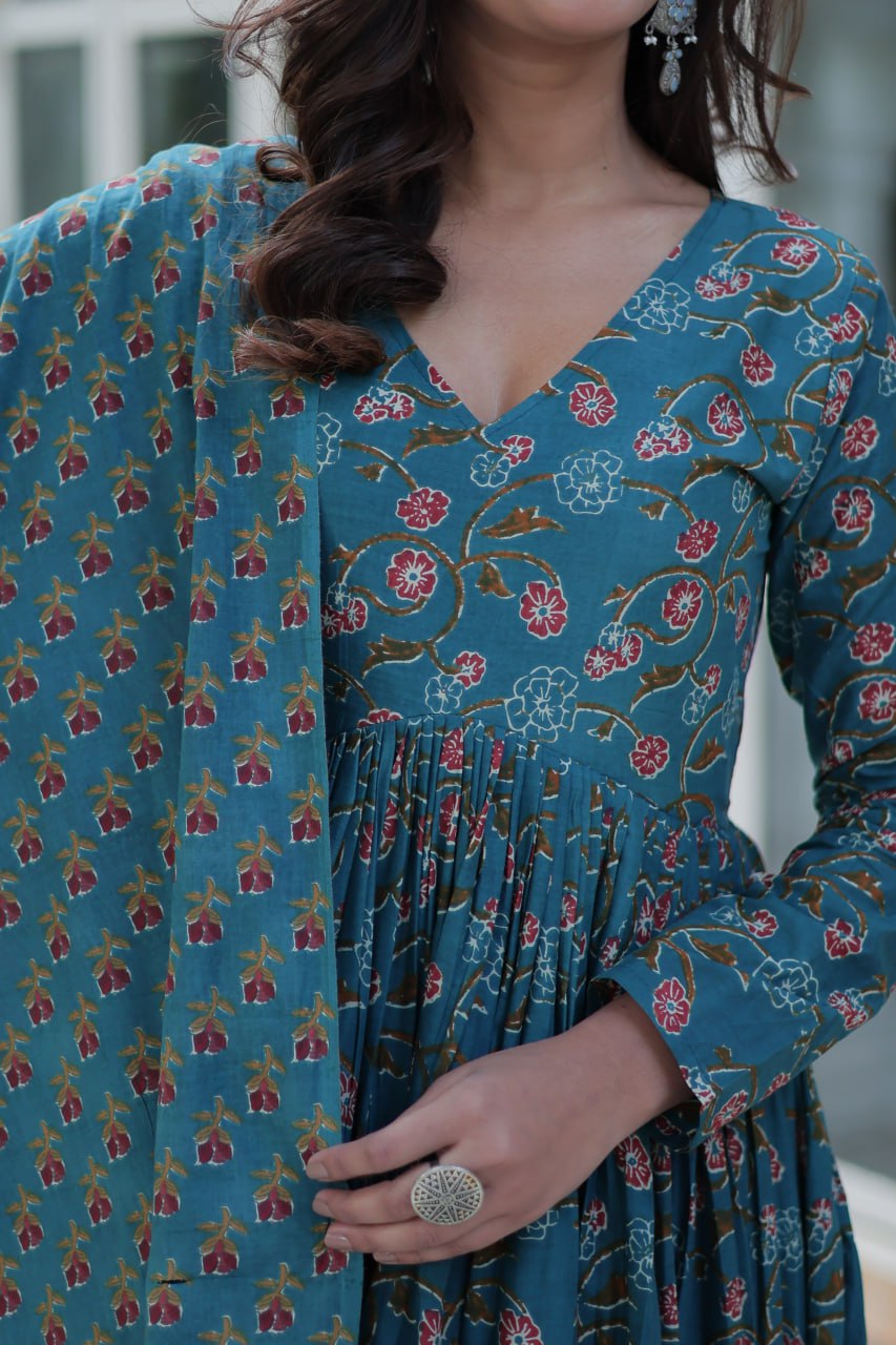 Blue pure cotton Anarkali suit set for women with soft dupatta, lightweight ethnic outfit featuring traditional block prints, flared kurta with matching pants, ideal for summer functions, daily Indian wear, office outfits, and casual ethnic fashion in breathable cotton fabric.