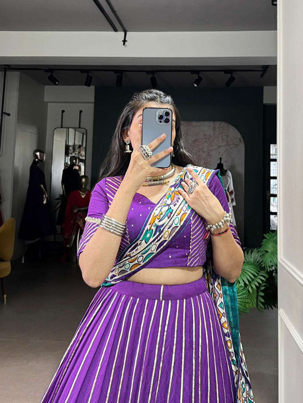 Purple traditional Chanderi lehenga choli with embossed lace design