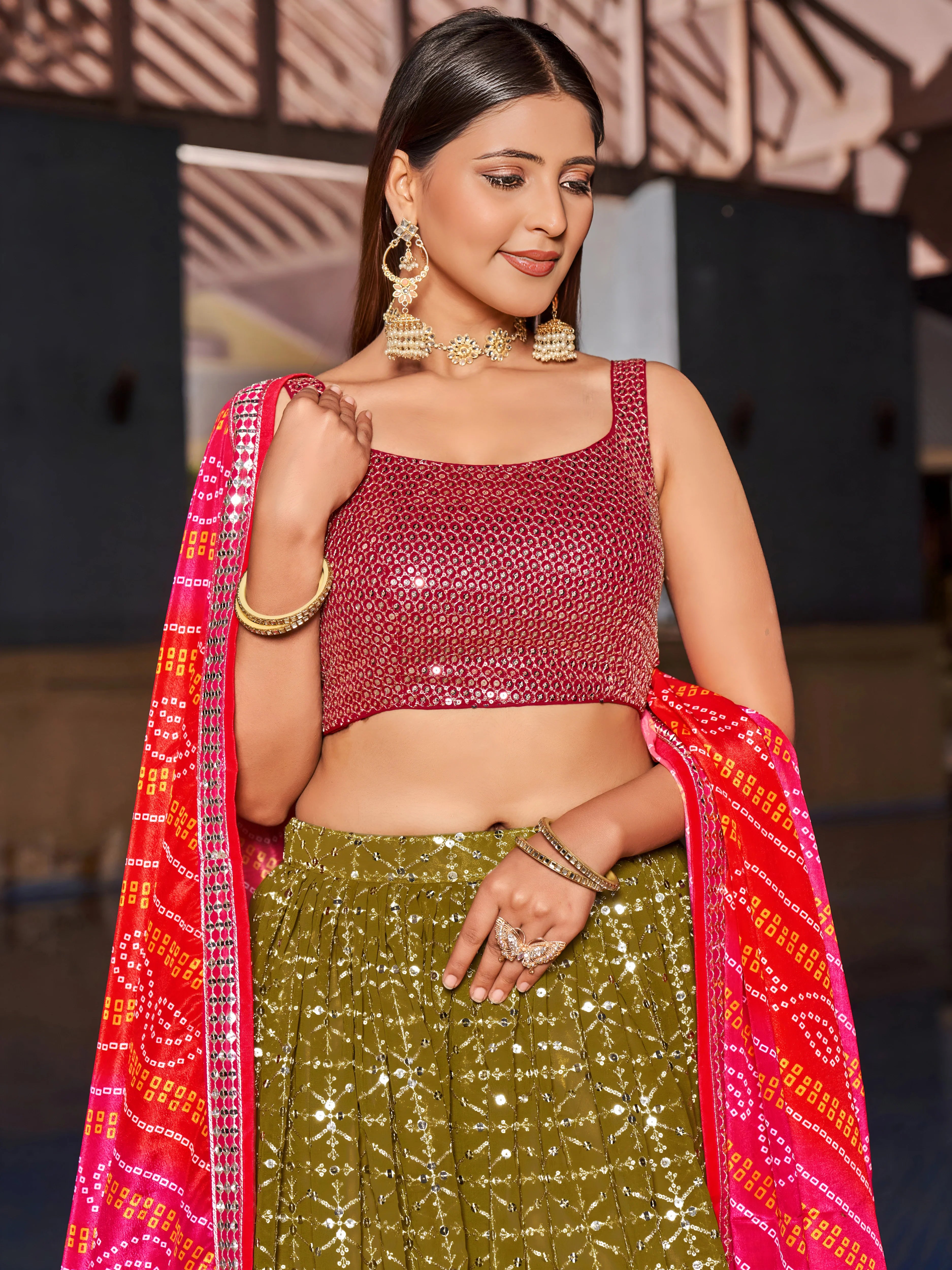 Navya olive green embroidered lehenga choli with Bandhani dupatta