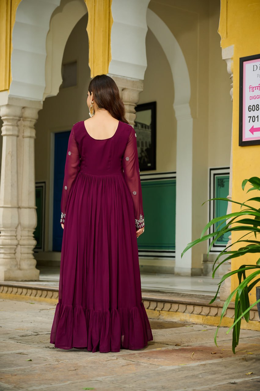 Wine faux blooming beads embroidered gown with dupatta