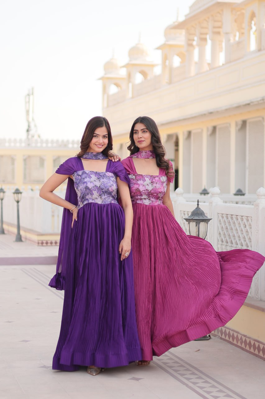 Shanta chinon pink printed anarkali gown set