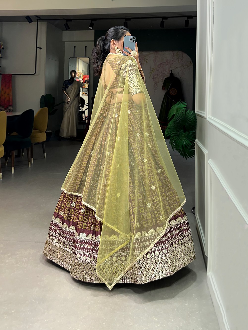 Brown chinon lehenga choli with digital print and embroidery sequins work