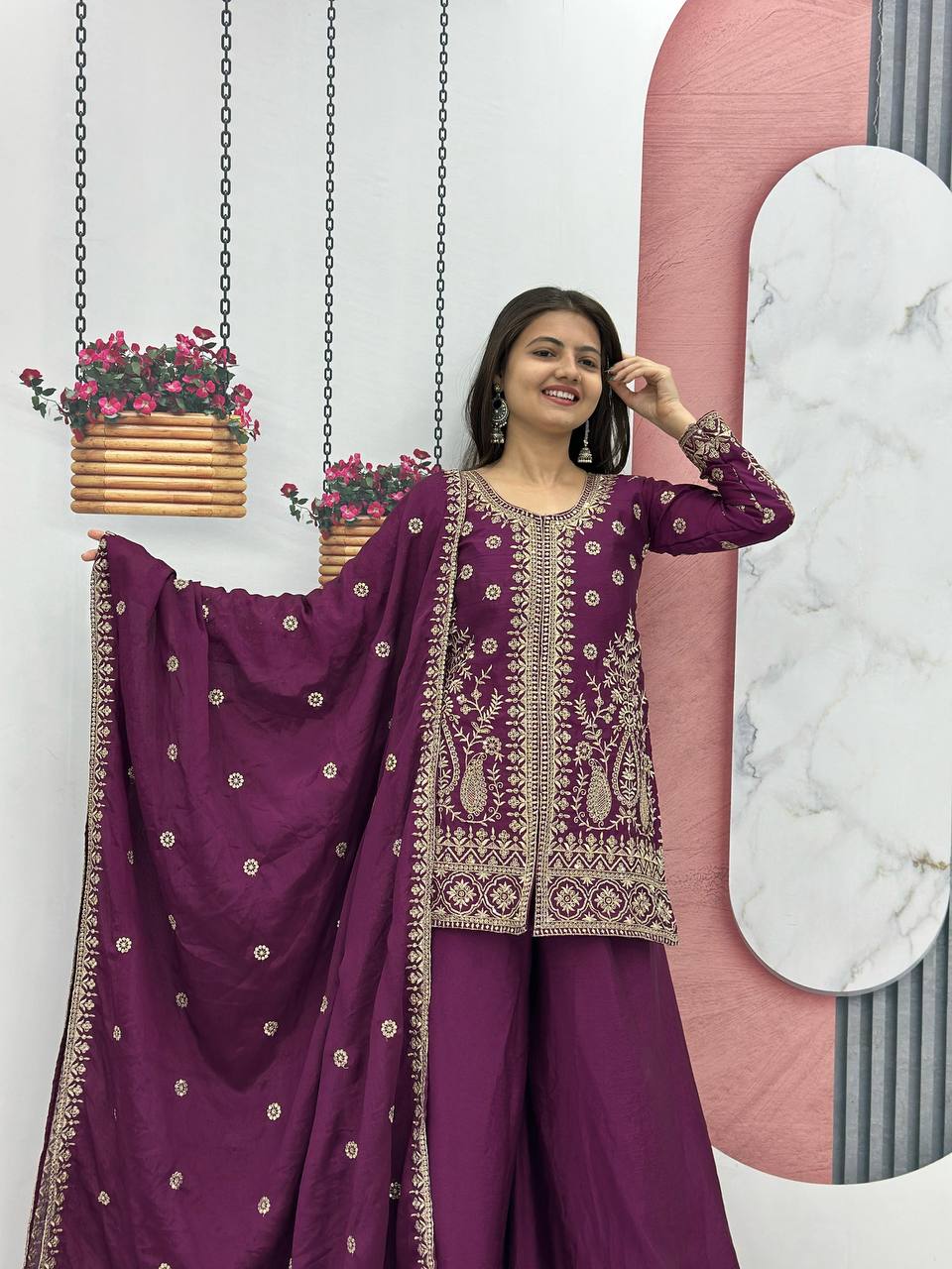 Enya purple Chinon kurti palazzo set with thread sequence embroidery work