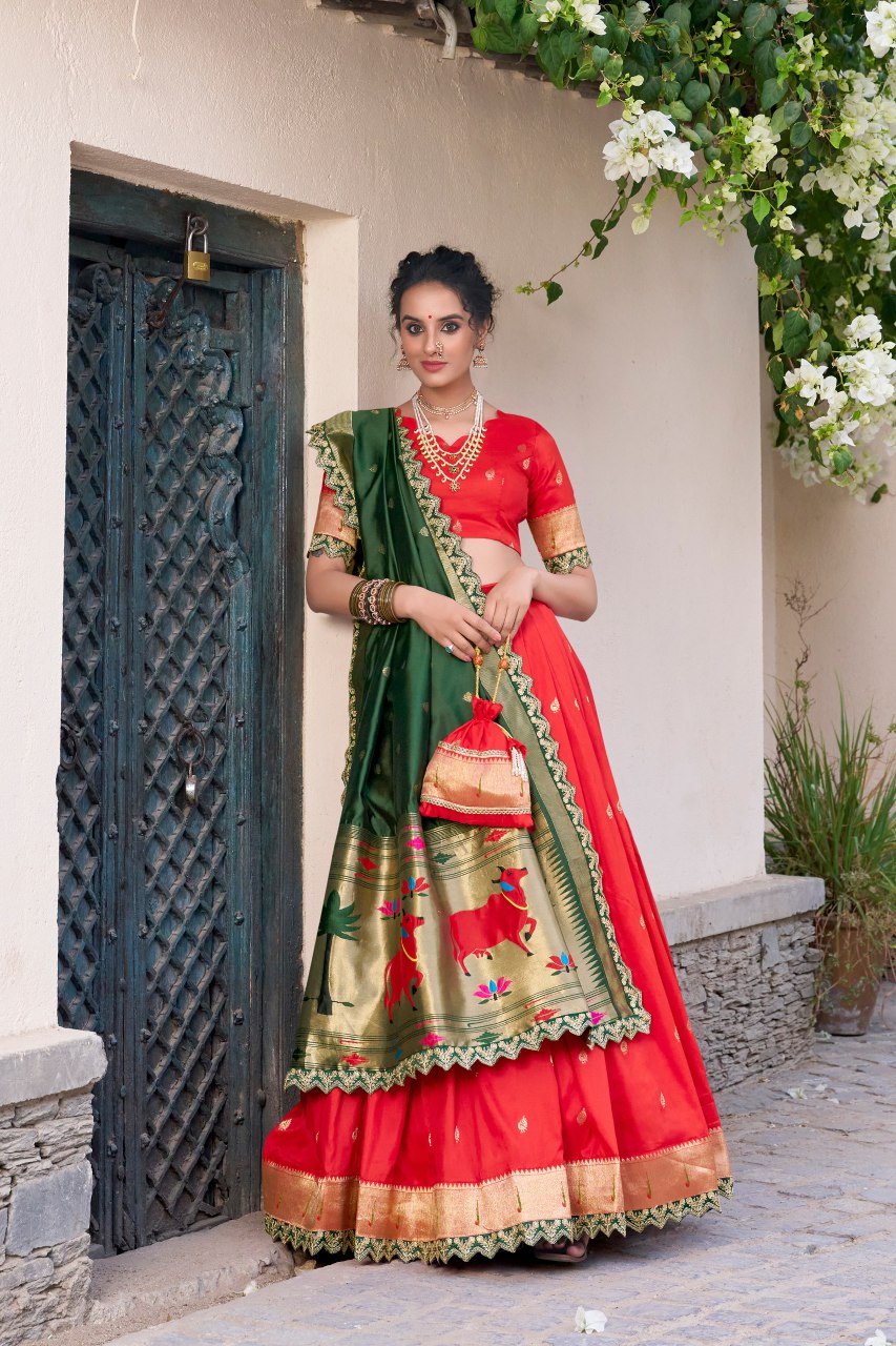 Red jacquard silk Paithani lehenga choli with dupatta and batwa