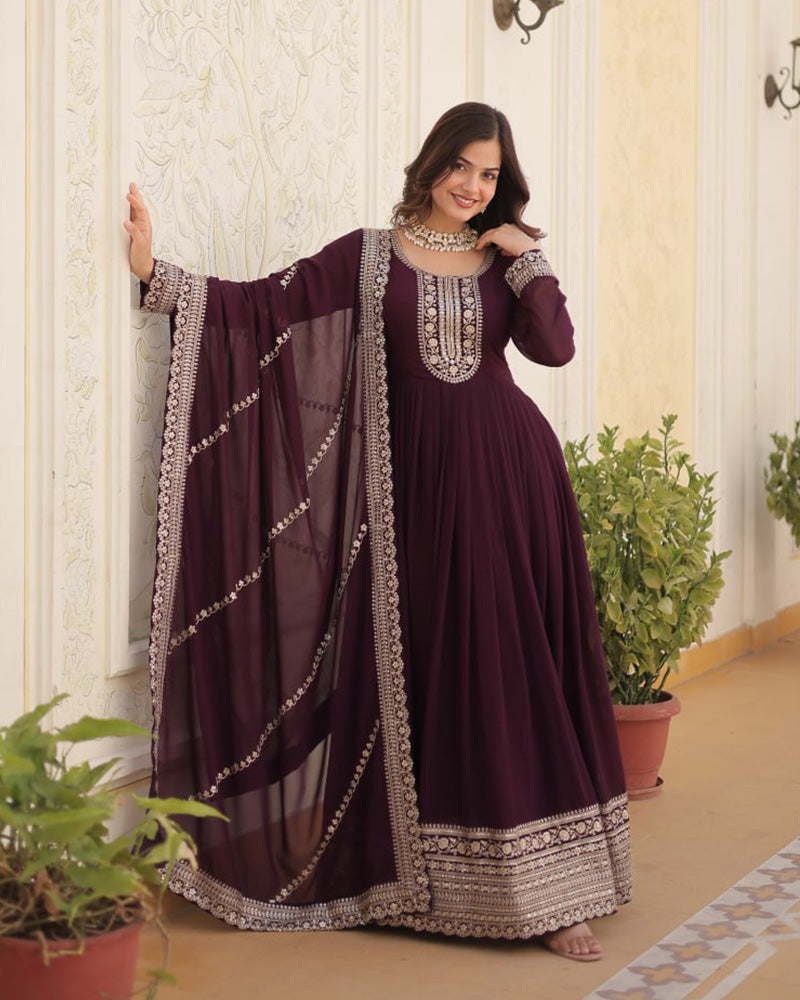 Vasundhara faux blooming wine anarkali gown suit set
