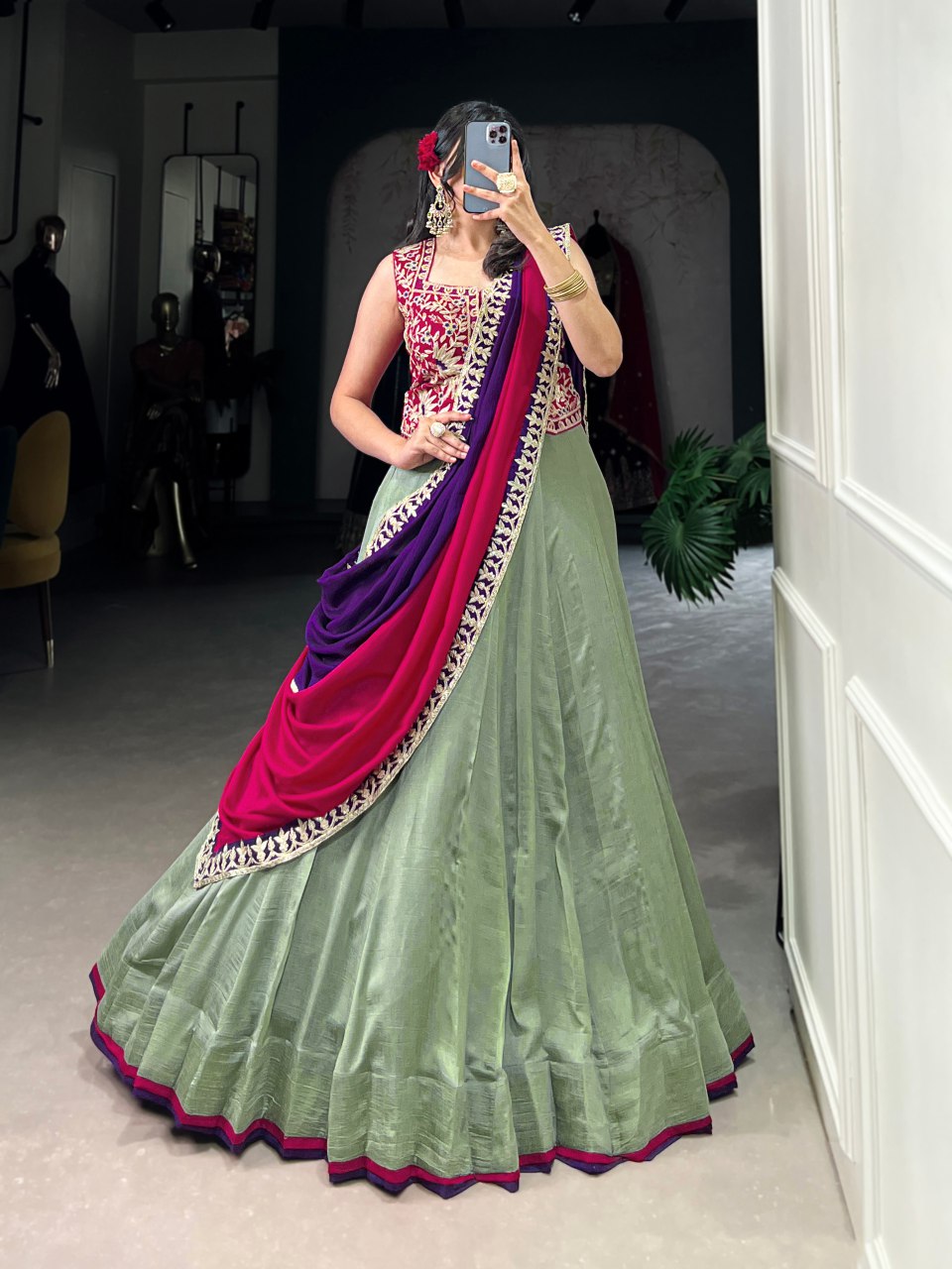 Vijyeshwari green silk sequins embroidered lehenga choli