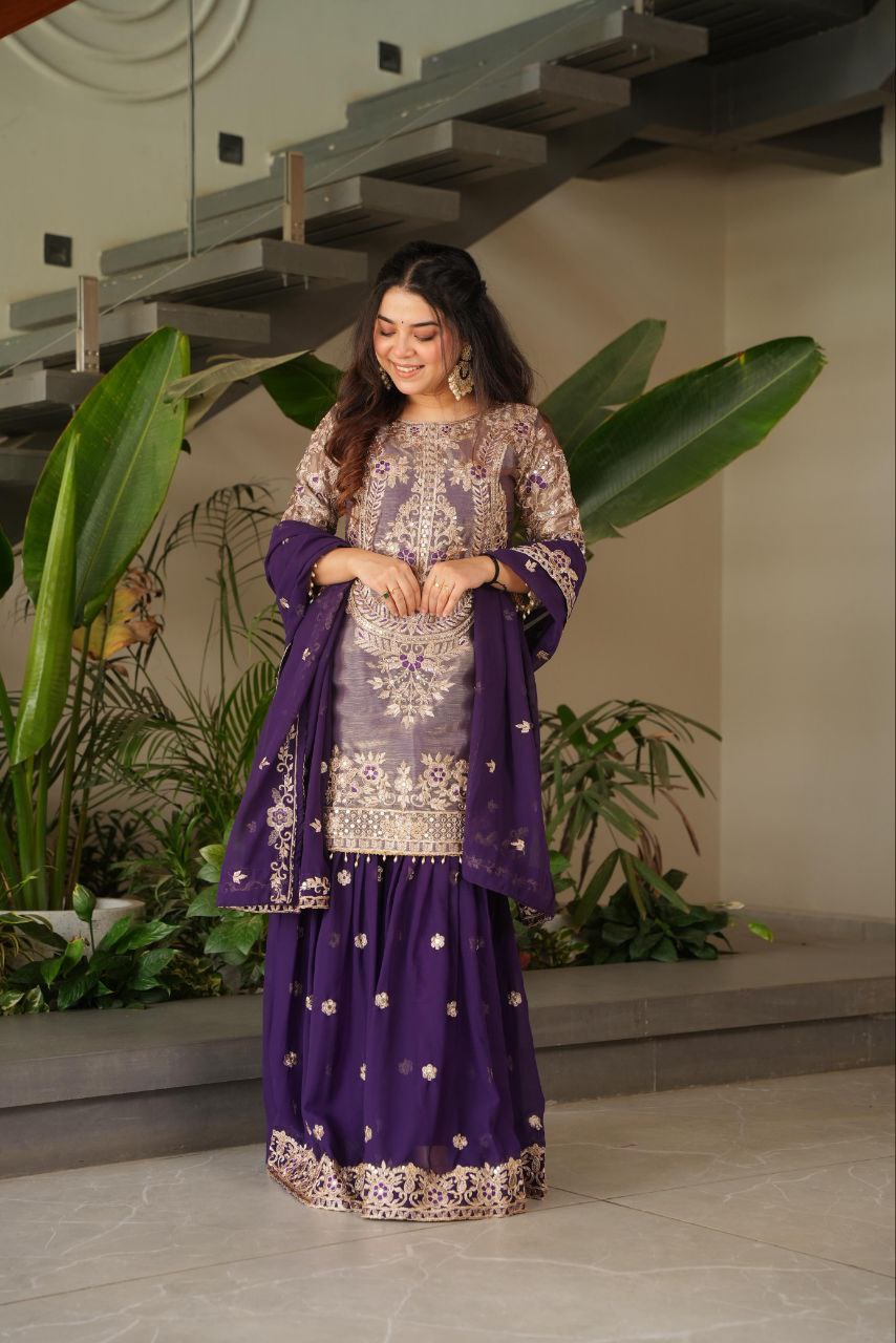 Purple crazy silk embroidered kurti palazzo set with dupatta