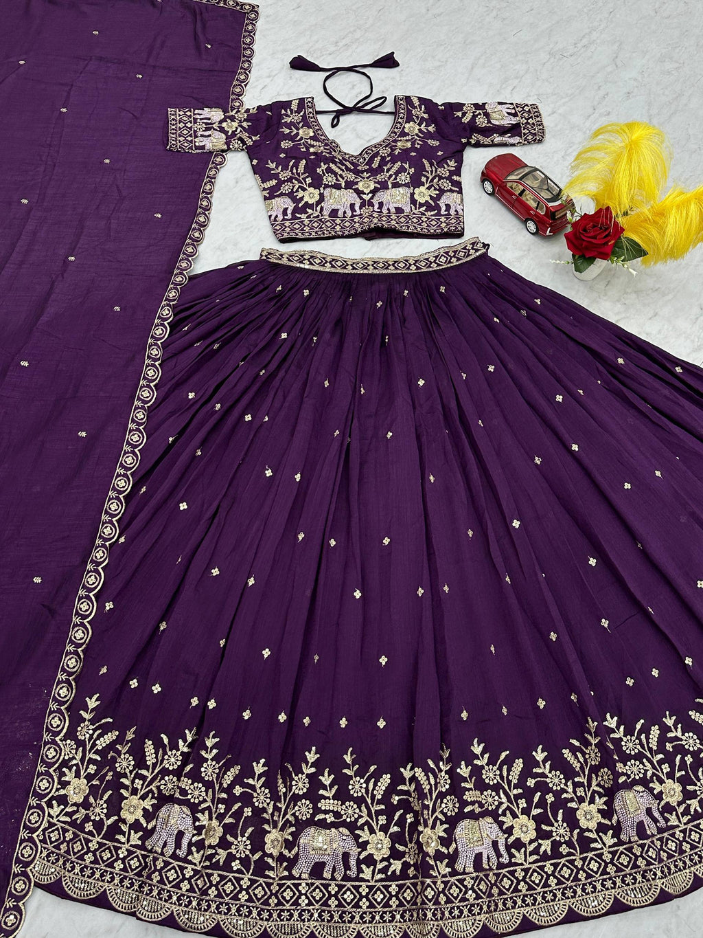 Gopi deep purple Vichitra silk lehenga choli with embroidery sequins thread work