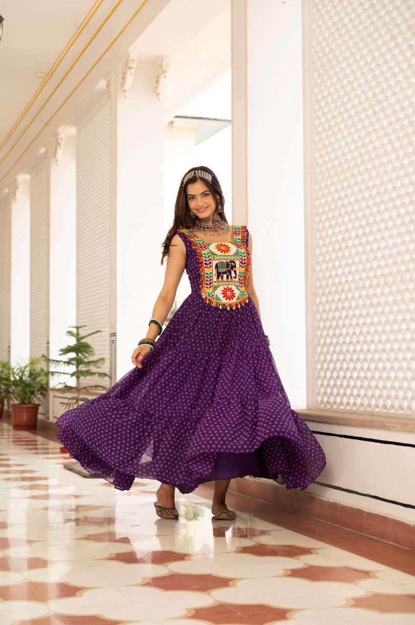 Purple faux georgette Bandhani print Kutchi patch mirror work gown