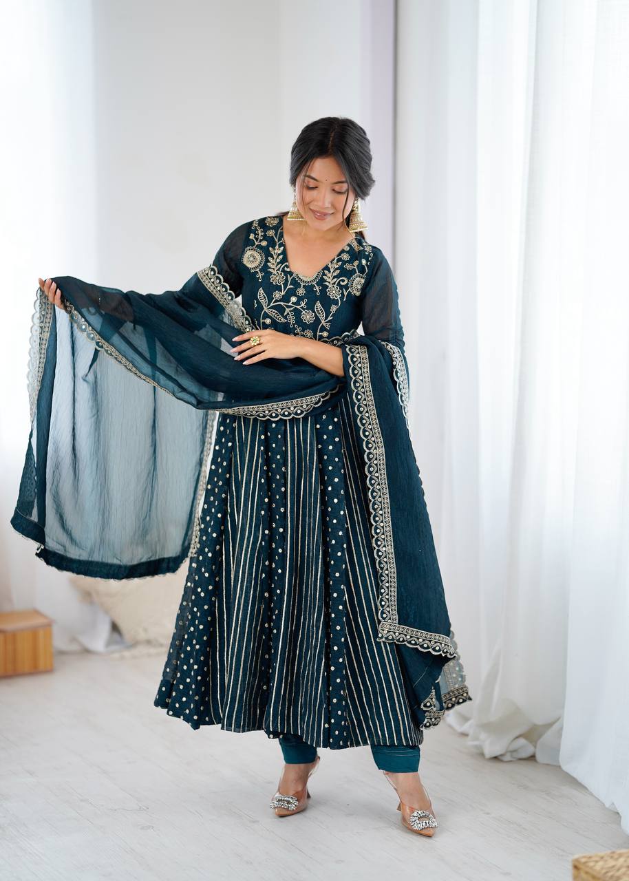 Teal green crunchy silk embroidered Anarkali suit set